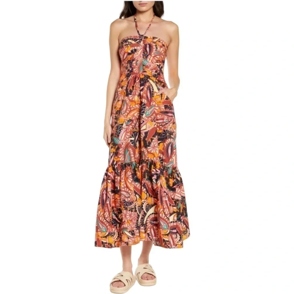 house of harlow halter dress House of Harlow 1960 Satin Halter Maxi Dress Tropical Birds Print Tassels New M